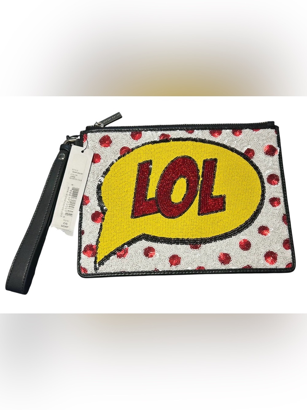 NWT Alice + Olivia by Stacey Bendet LOL Graphic Sequin Leather Wristlet Clutch